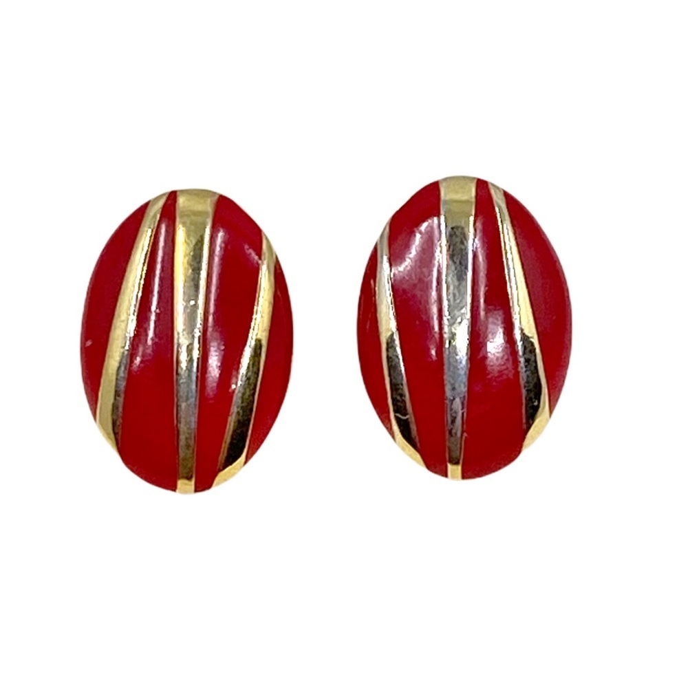 Vintage Monet Red & Gold Enamel Clip On Earrings - 1” x 0.75”